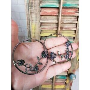 Blue Iridescent Metal Asian Inspired Floral Hoop Earrings 2"